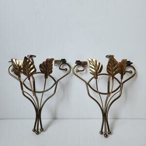 Wall Shelf Set of 2 Goldtone Metal Leaf Glass MCM Hollywood Interior Home Scroll